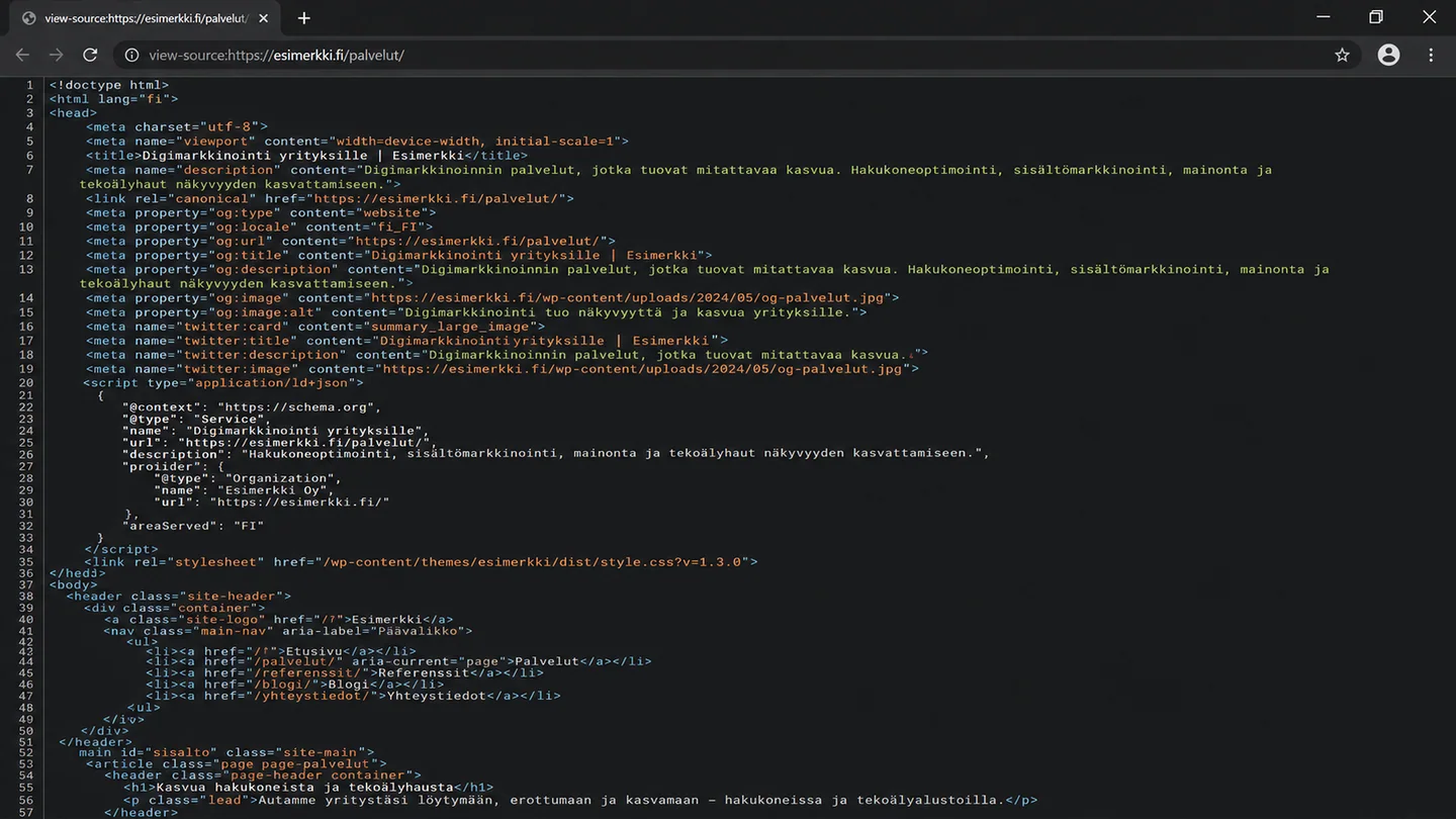Sivun sisalto nakyy alkuperaisessa HTML:ssa ilman JavaScriptin suoritusta.