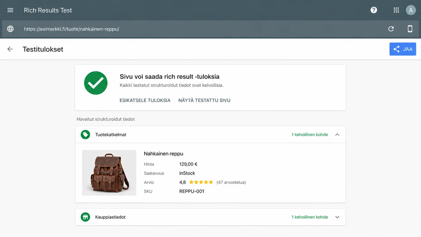 Rich Results Test kertoo, tunnistaako Google sivun strukturoidun datan.