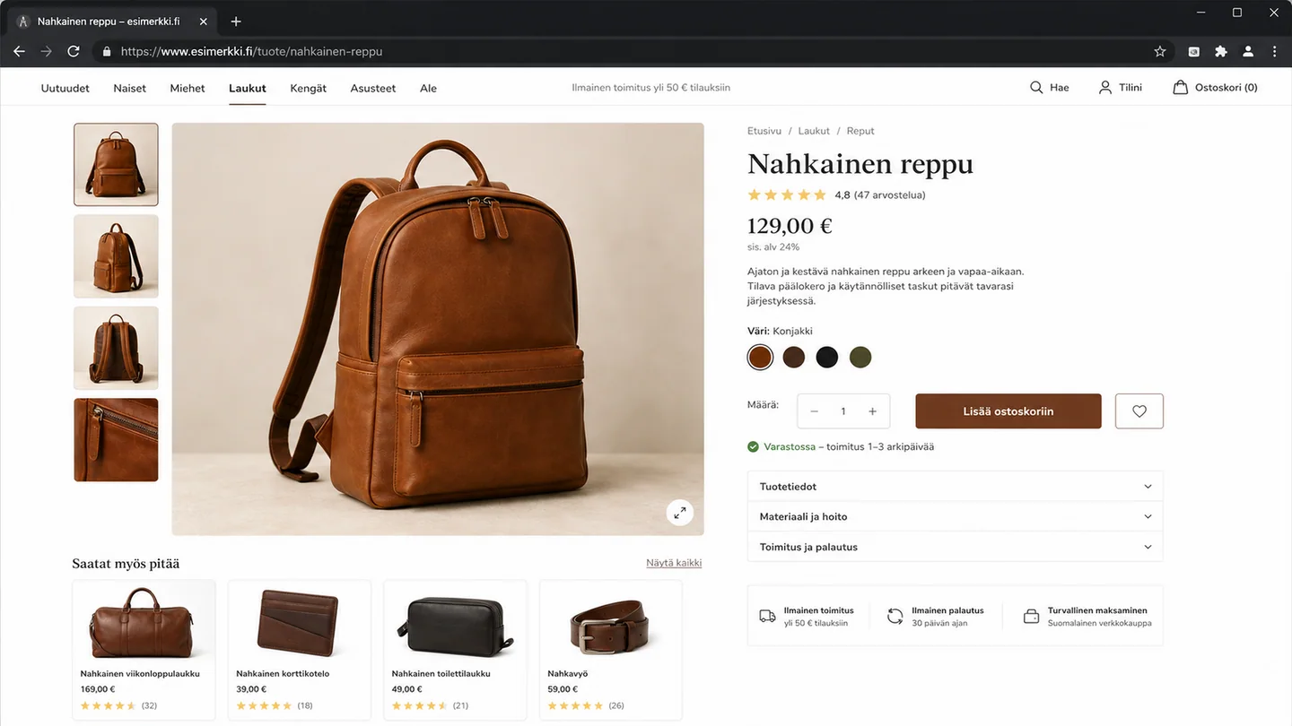 Tuotesivulla on oma kuvaus, kuvat, saatavuustieto ja arvostelut.