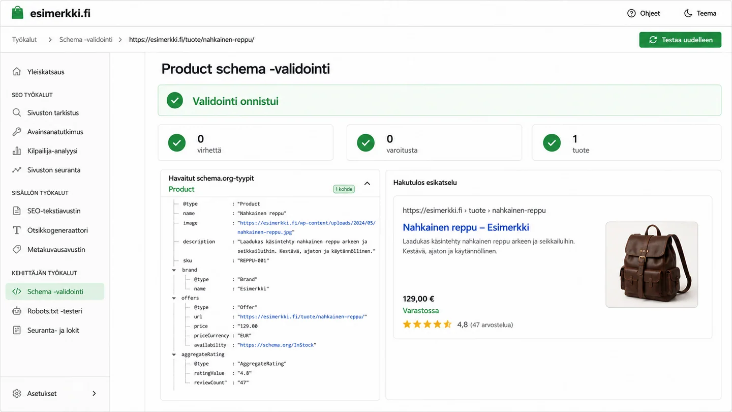 Tuotteen strukturoitu data: hinta, saatavuus ja tunniste koneluettavassa muodossa.