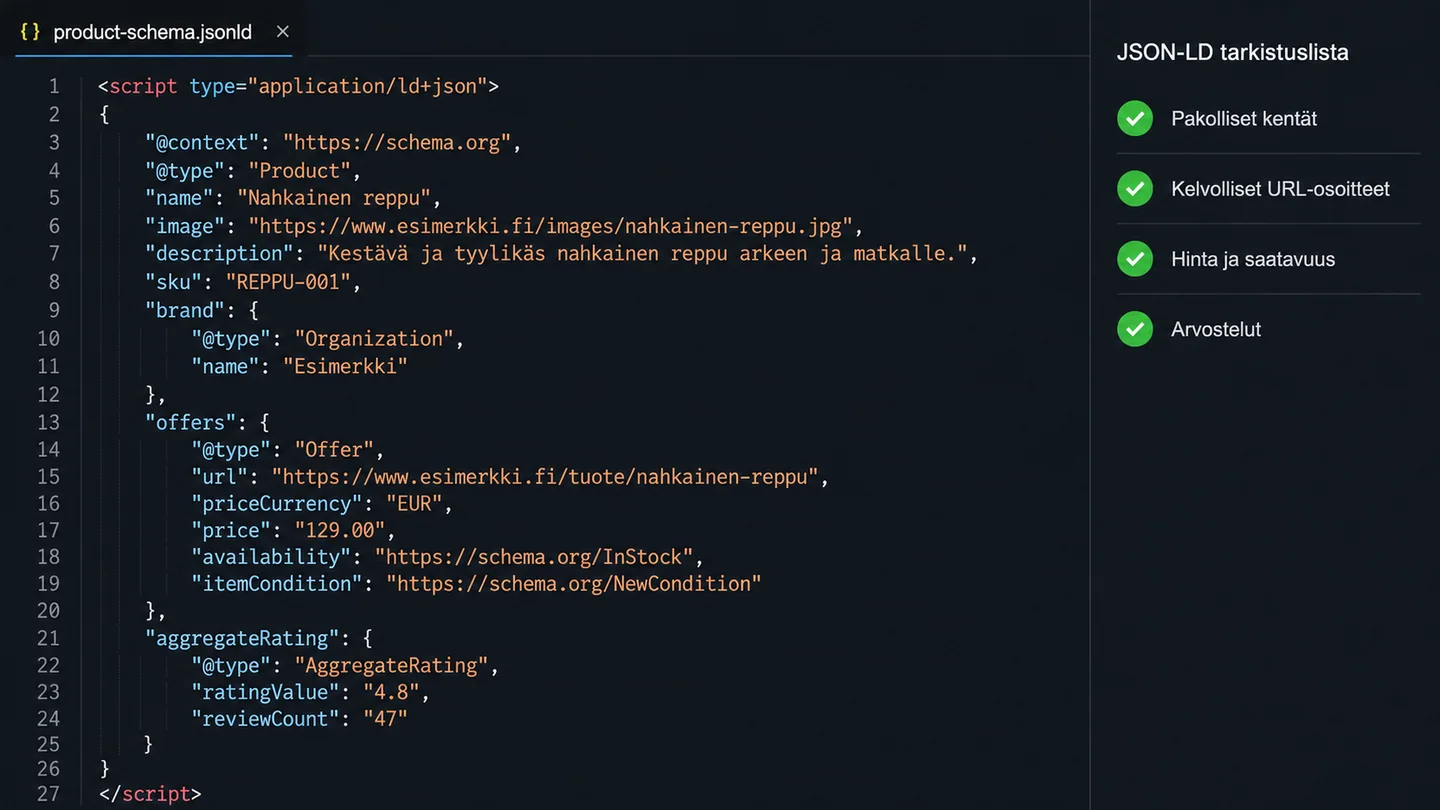 JSON-LD lisataan sivun head-osaan erillisena lohkona.